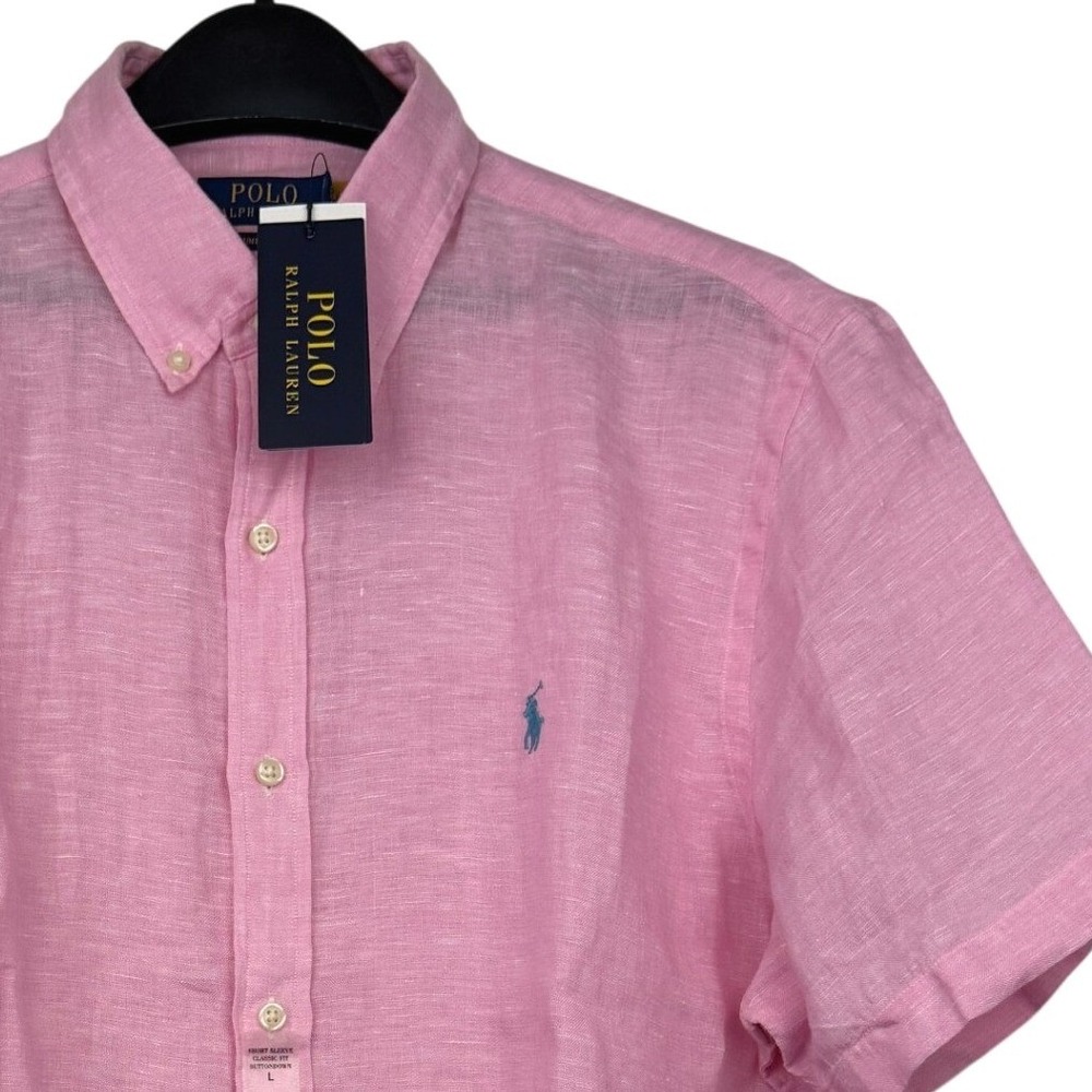 NEW Polo Ralph Lauren LINEN Button Down Mens Large RL UNTUCKED Shirt Pink $135
